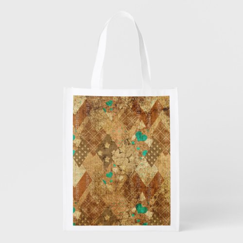 Brown Grunge Quilt Stars Hearts Grocery Bag