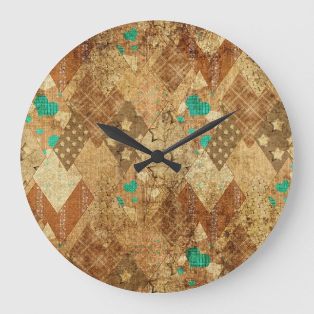 Brown Grunge Quilt Stars Hearts Large Clock (Front)