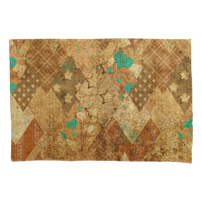 Brown Grunge Quilt Stars Hearts Pillow Case (Front)