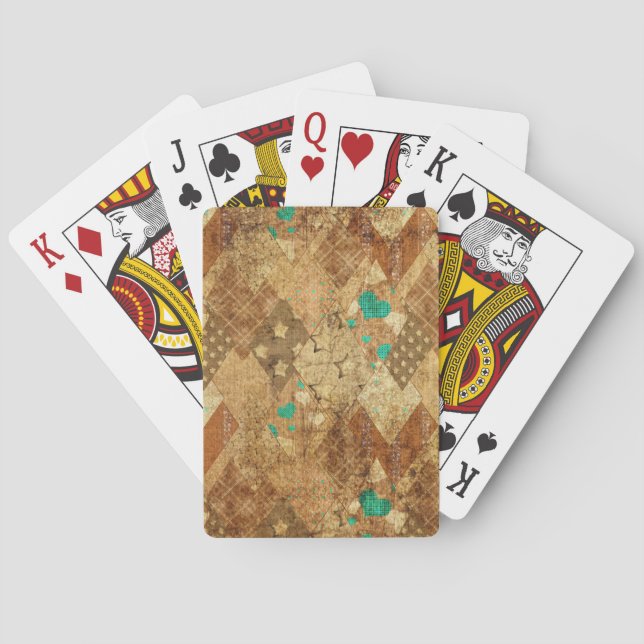 Brown Grunge Quilt Stars Hearts Poker Cards (Back)