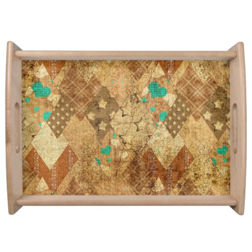 Brown Grunge Quilt Stars Hearts Serving Tray