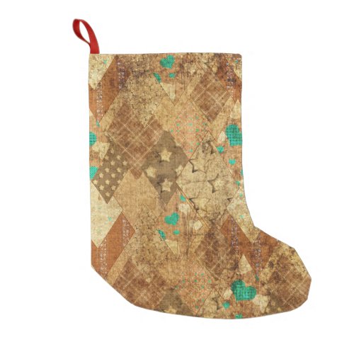 Brown Grunge Quilt Stars Hearts Small Christmas Stocking