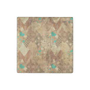 Brown Grunge Quilt Stars Hearts Stone Magnet