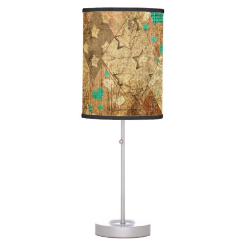 Brown Grunge Quilt Stars Hearts Table Lamp