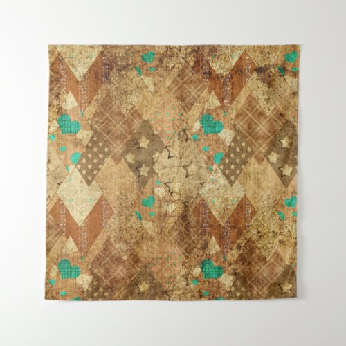 Brown Grunge Quilt Stars Hearts Tapestry