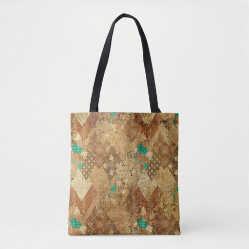 Brown Grunge Quilt Stars Hearts Tote Bag