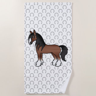 Brown Gypsy Vanner Clydesdale Shire Cartoon Horse Beach Towel