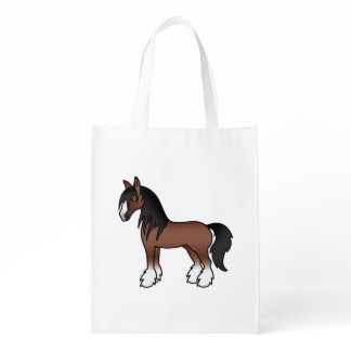 Brown Gypsy Vanner Clydesdale Shire Cartoon Horse Grocery Bag