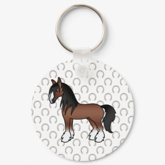 Brown Gypsy Vanner Clydesdale Shire Cartoon Horse Keychain