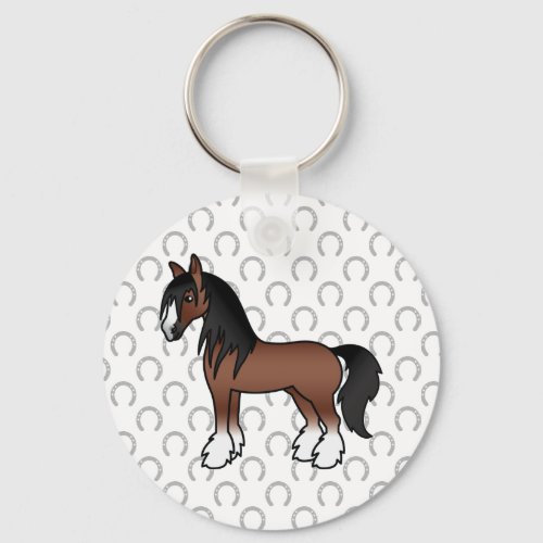 Brown Gypsy Vanner Clydesdale Shire Cartoon Horse Keychain