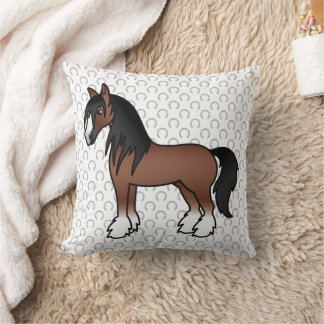 Brown Gypsy Vanner Clydesdale Shire Cartoon Horse Throw Pillow