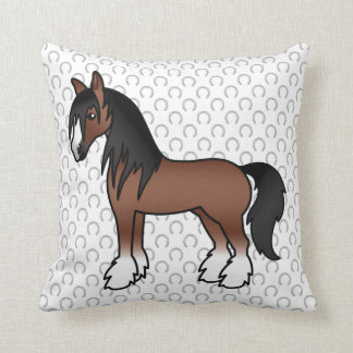 Brown Gypsy Vanner Clydesdale Shire Cartoon Horse Throw Pillow