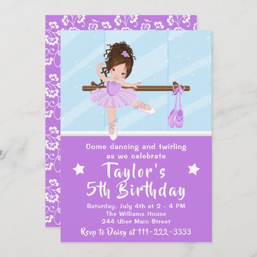 Brown Hair Ballerina in Purple Tutu Birthday Invit Invitation