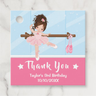 Brown Hair Ballerina Pink Birthday Thank You Favor Tags