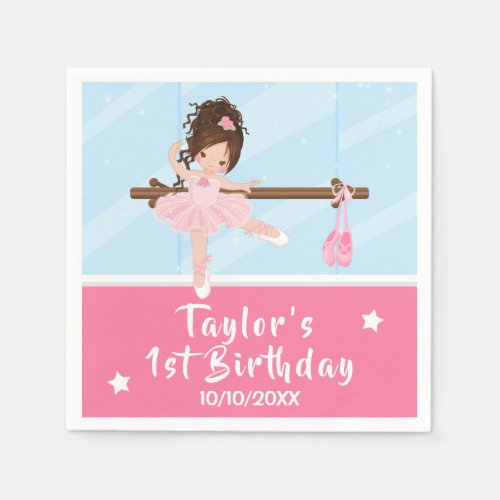 Brown Hair Ballerina Pink Tutu Birthday Napkins