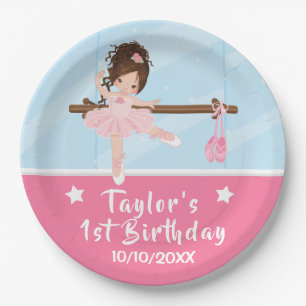 Brown Hair Ballerina Pink Tutu Birthday Paper Plat Plates