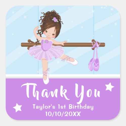 Brown Hair Ballerina Purple Birthday Thank You Squ Square Sticker