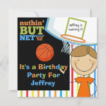 Brown Hair  Boy Basketball Birthday Invitations