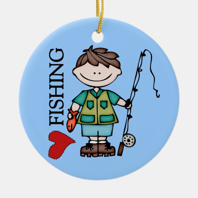 Brown Hair Boy I Love Fishing Ceramic Ornament (Front)