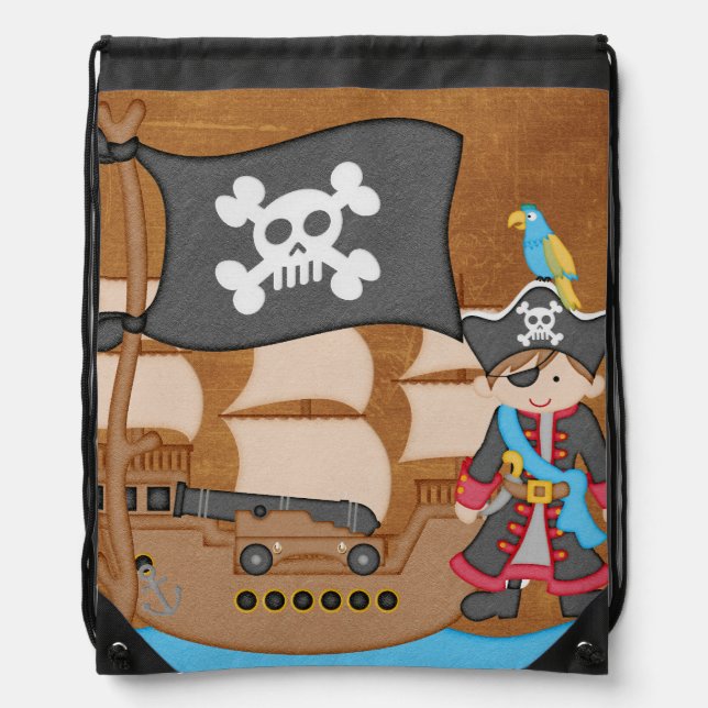 Brown Hair Boy Pirate and Ship Drawstring Bag (Front)