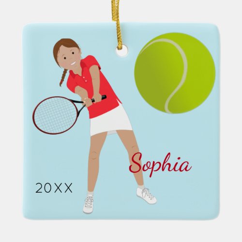 Brown Hair Braid Tennis Player Keepsake Ceramic Ornament