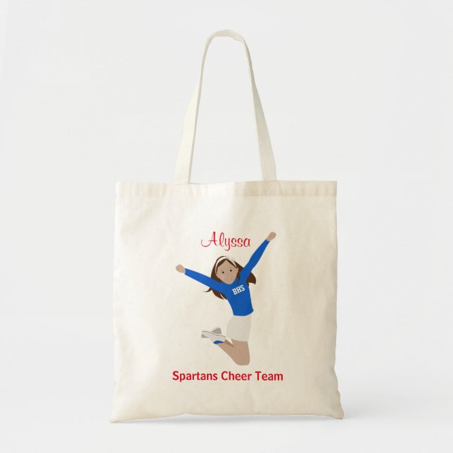Brown Hair Cheerleader in Blue and White Tote Bag (Front)