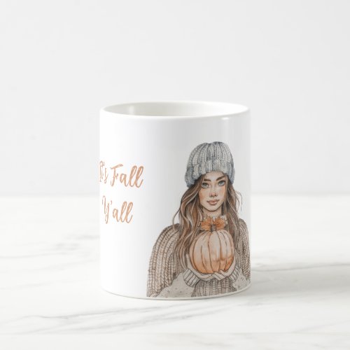 Brown Hair Female Hat Pumpkin It's Fall Y'all Coffee Mug