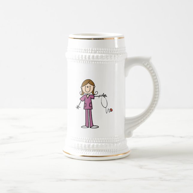 Brown Hair Female Stick Figure Nurse Beer Stein (Right)