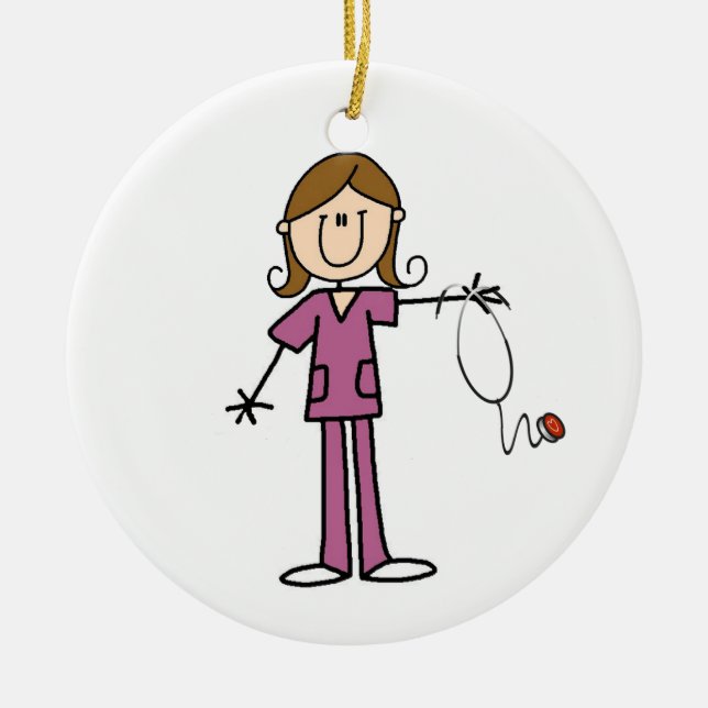 Brown Hair Female Stick Figure Nurse Ceramic Ornament (Front)