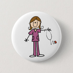 Brown Hair Female Stick Figure Nurse Pinback Button