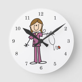 Brown Hair Female Stick Figure Nurse Round Clock