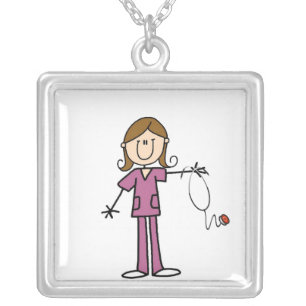 Brown Hair Female Stick Figure Nurse Silver Plated Necklace