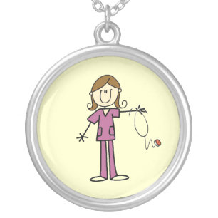 Brown Hair Female Stick Figure Nurse Silver Plated Necklace