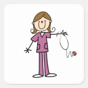 Brown Hair Female Stick Figure Nurse Square Sticker
