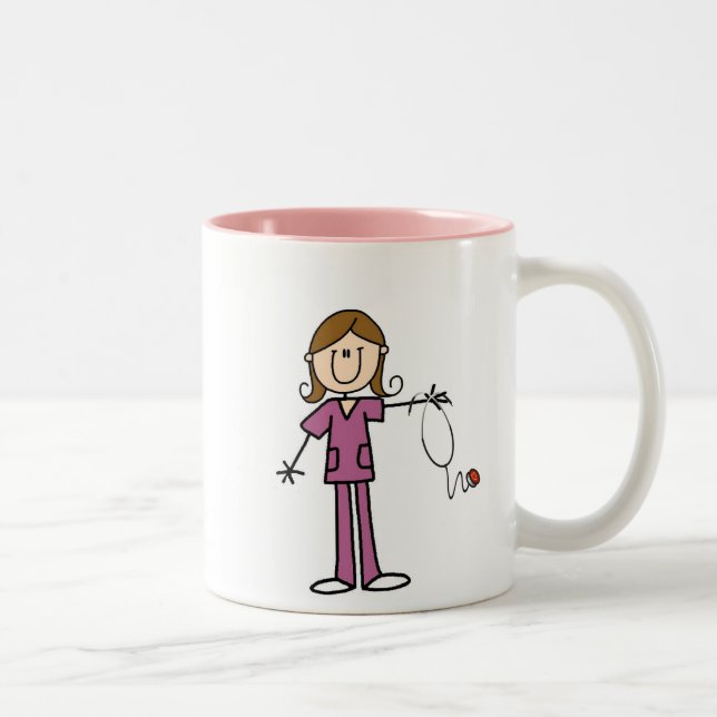 Brown Hair Female Stick Figure Nurse Two-Tone Coffee Mug (Right)