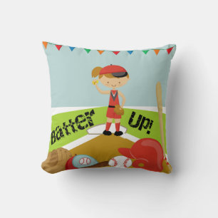 Brown Hair Girl Batter Up Baseball Pilllow Throw Pillow