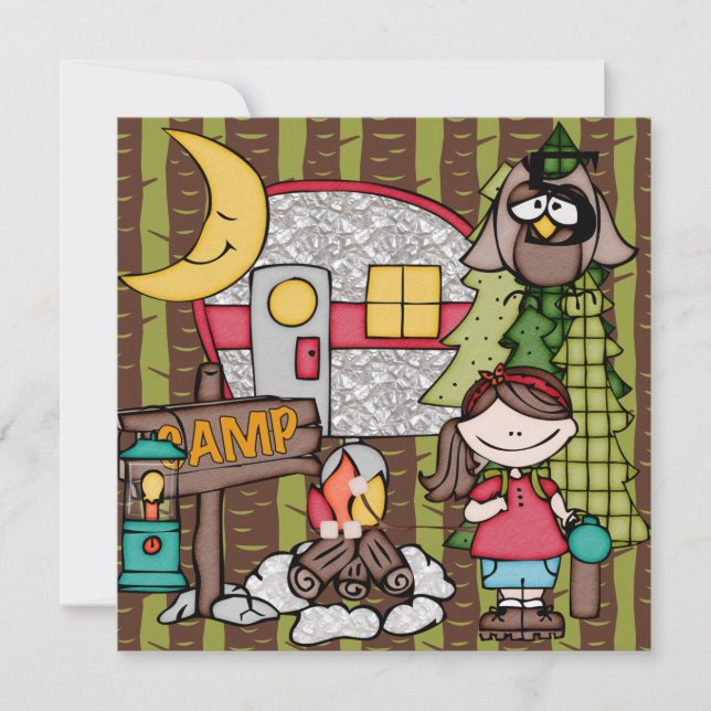 Brown Hair Girl Camping Birthday Invitations (Front)