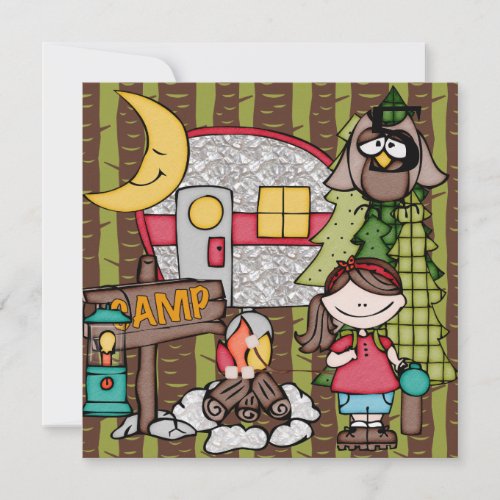 Brown Hair Girl Camping Birthday Invitations