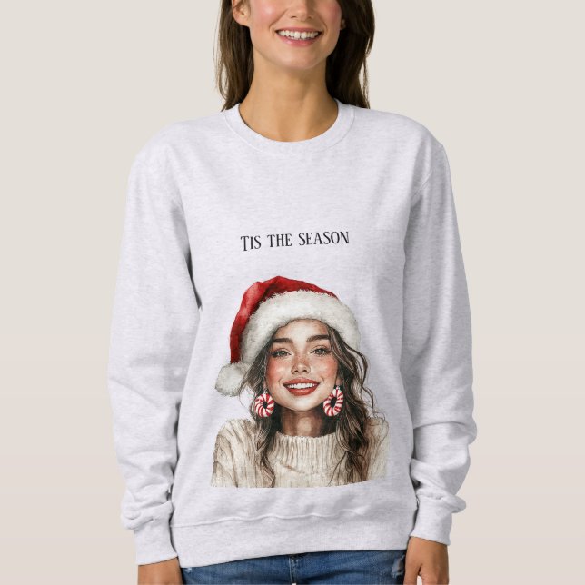 Brown Hair Girl Candy Cane Earrings Christmas Sweatshirt (Front)