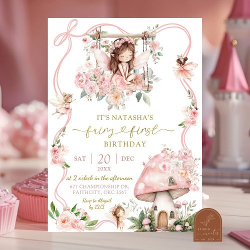 Brown Hair Girl fairy first birthday invitation
