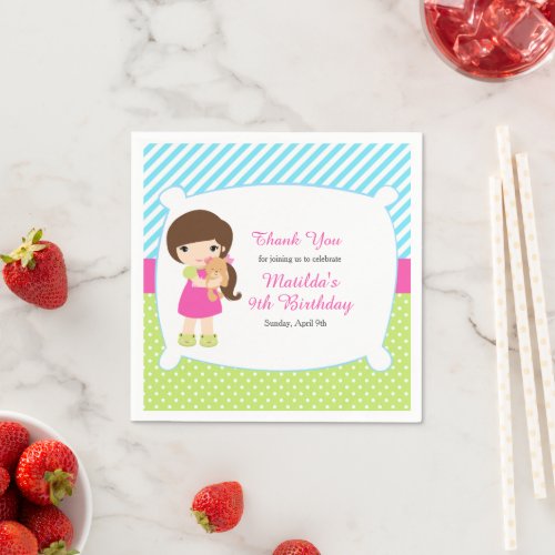 Brown Hair Girl Sleepover Slumber Party Birthday Napkins