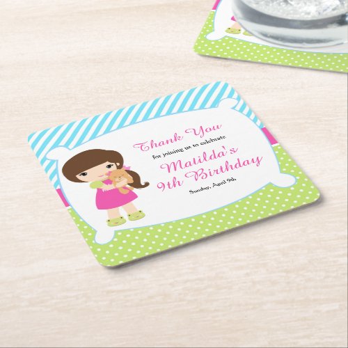 Brown Hair Girl Sleepover Slumber Party Birthday Square Paper Coaster