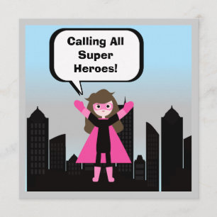 Brown Hair Girl Super Hero Birthday Invitation