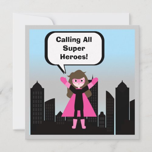 Brown Hair Girl Super Hero Birthday Invitation