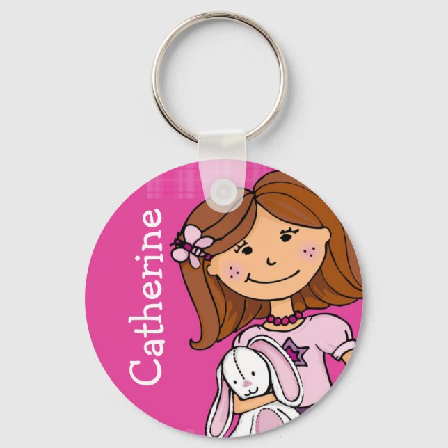 Brown hair girl with a white bunny pink keychain (Front)