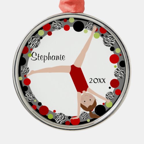 Brown Hair Gymnast in Red Black  Green Keepsake Metal Ornament