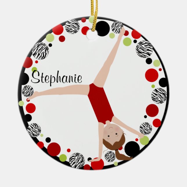 Brown Hair Gymnast Red, Black & Green Personalized Ceramic Ornament (Front)
