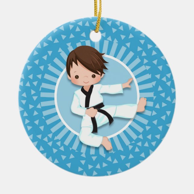 Brown Hair Karate Boy Judo Martial Arts Ceramic Ornament (Front)