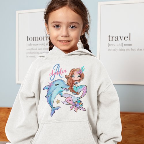 Brown Hair Mermaid Custom Kids Name Pink Girl Hoodie