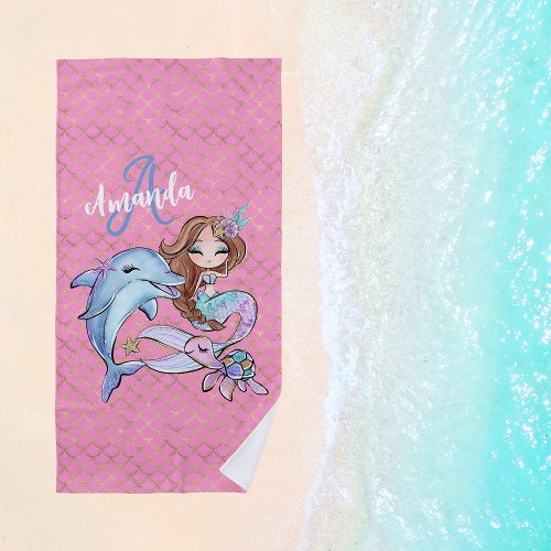 Brown Hair Mermaid Custom Name Girl Pink Beach Towel